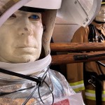 Essex Fire Museum Living Mannequin Wearing A Heat Resistant Aluminized Foil Refinery Proximity Suit mannequin-man performming as a Museum Dummy: Mannequin demonstrating hazard protection clothing. This mannequin is wearing a Heat Resistant Aluminized Foil Refinery Proximity Suit. for Essex Fire Museum on 28/05/2024