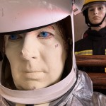 Essex Fire Museum Living Mannequin Wearing A Heat Resistant Aluminized Foil Refinery Proximity Suit mannequin-man performming as a Museum Dummy: Mannequin demonstrating hazard protection clothing. This mannequin is wearing a Heat Resistant Aluminized Foil Refinery Proximity Suit. for Essex Fire Museum on 28/05/2024