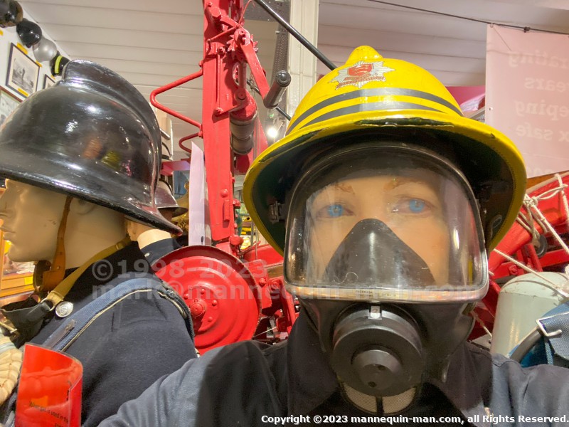 Mannequin man is a regular at The Essex Fire Museum providing fun and amusement to the visiting children and parents - Essex Fire Museum Mannequin Wearing 1970s Yellow Cork Helmet Nomex Fire Tunic Yellow Waterproof Overtrousers Breathing Apparatus Mannequin man is a regular at The Essex Fire Museum providing fun and amusement to the visiting children and parents - Essex Fire Museum Mannequin Wearing 1970s Yellow Cork Helmet Nomex Fire Tunic Yellow Waterproof Overtrousers Breathing Apparatus