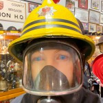 Essex Fire Museum Mannequin Wearing 1970s Yellow Cork Helmet Nomex Fire Tunic Yellow Waterproof Overtrousers Breathing Apparatus mannequin-man performming as a Museum Dummy: Mannequin man is a regular at The Essex Fire Museum providing fun and amusement to the visiting children and parents for Essex Fire Museum on 30/07/2023
