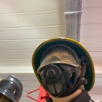 Essex Fire Museum Mannequin Wearing 1970s Yellow Cork Helmet Nomex Fire Tunic Yellow Waterproof Overtrousers Breathing Apparatus mannequin-man performming as a Museum Dummy: Mannequin man is a regular at The Essex Fire Museum providing fun and amusement to the visiting children and parents for Essex Fire Museum on 30/07/2023