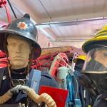 Essex Fire Museum Mannequin Wearing 1970s Yellow Cork Helmet Nomex Fire Tunic Yellow Waterproof Overtrousers Breathing Apparatus mannequin-man performming as a Museum Dummy: Mannequin man is a regular at The Essex Fire Museum providing fun and amusement to the visiting children and parents for Essex Fire Museum on 30/07/2023