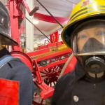 Essex Fire Museum Mannequin Wearing 1970s Yellow Cork Helmet Nomex Fire Tunic Yellow Waterproof Overtrousers Breathing Apparatus mannequin-man performming as a Museum Dummy: Mannequin man is a regular at The Essex Fire Museum providing fun and amusement to the visiting children and parents for Essex Fire Museum on 30/07/2023