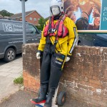 Human Living Mannequin Collects Donations For The Sidmouth Charity Lifeboat As Sid The Mannequin During August Bank Holiday Weekend mannequin-man performming as a Living Mannequin: Became Sid again for the Sidmouth lifeboat collecting donations over two days of the bank holiday weekend for Sidmouth Lifeboat on 26/08/2023