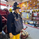 Mannequin Wearing 1950s Firefighter Uniform Black Helmet Essex Fire Museum mannequin-man performming as a Museum Dummy: Mannequin man wearing 1950-1960 firefighter uniform and breathing apparatus amusing the visitors for Essex Fire Museum on 09/04/2024