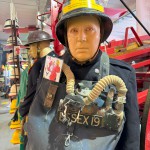 Mannequin Wearing 1950s Firefighter Uniform Mark 5 Proto Breathing Apparatus Yellow Pvc Leggings Black Helmet Essex Fire Museum mannequin-man performming as a Museum Dummy: Mannequin man wearing 1950-1960 firefighter uniform and breathing apparatus amusing the visitors for Essex Fire Museum on 25/02/2024