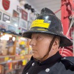 Mannequin Wearing 1950s Firefighter Uniform Mark 5 Proto Breathing Apparatus Yellow Pvc Leggings Black Helmet Essex Fire Museum mannequin-man performming as a Museum Dummy: Mannequin man wearing 1950-1960 firefighter uniform and breathing apparatus amusing the visitors for Essex Fire Museum on 25/02/2024