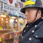 Mannequin Wearing 1950s Firefighter Uniform Mark 5 Proto Breathing Apparatus Yellow Pvc Leggings Black Helmet Essex Fire Museum mannequin-man performming as a Museum Dummy: Mannequin man wearing 1950-1960 firefighter uniform and breathing apparatus amusing the visitors for Essex Fire Museum on 25/02/2024