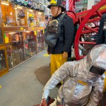 Mannequin Wearing 1950s Firefighter Uniform Mark 5 Proto Breathing Apparatus Yellow Pvc Leggings Black Helmet Essex Fire Museum mannequin-man performming as a Museum Dummy: Mannequin man wearing 1950-1960 firefighter uniform and breathing apparatus amusing the visitors for Essex Fire Museum on 25/02/2024