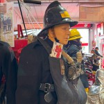 Mannequin Wearing 1950s Firefighter Uniform Mark 5 Proto Breathing Apparatus Yellow Pvc Leggings Black Helmet Essex Fire Museum mannequin-man performming as a Museum Dummy: Mannequin man wearing 1950-1960 firefighter uniform and breathing apparatus amusing the visitors for Essex Fire Museum on 25/02/2024